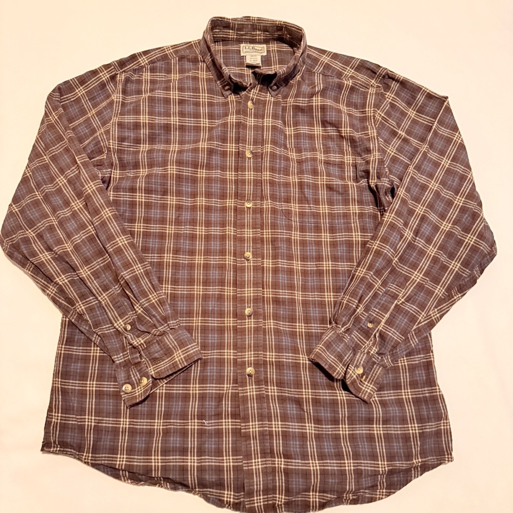 L.L. Bean Button Down Shirt Mens Size M Brown Blue Plaid Cotton Long Sleeve